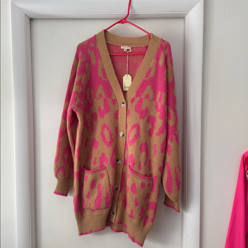 JODIFL Vibrant Pink and Tan Knit Cardigan